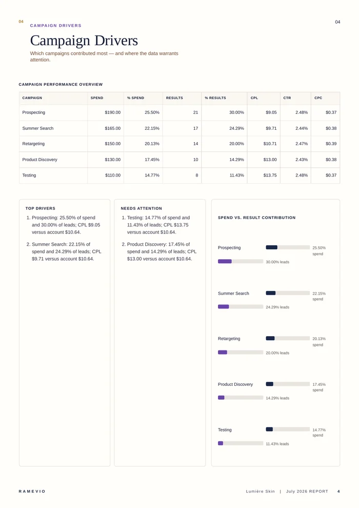 Campaign drivers page from the sample report